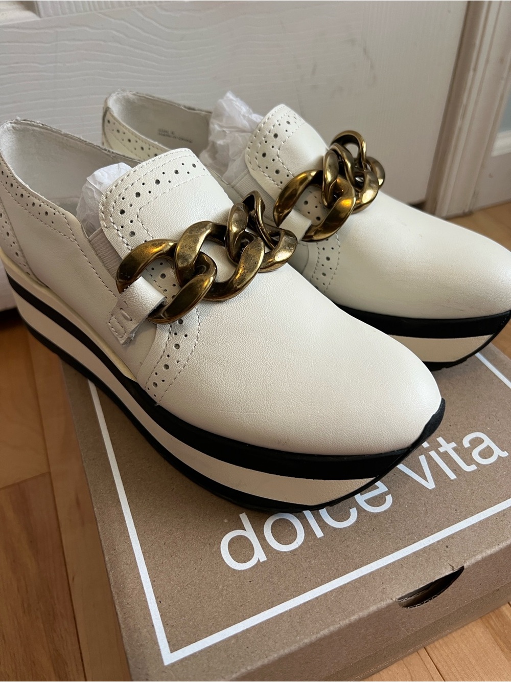 Dolce Vita Cream Leather Loafers with Bold Gold Chain